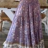 Boho Purple Floral Print Shirred High Waist Maxi Skirt