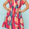 Red Abstract Geometric Print Flutter Sleeve Babydoll Dress