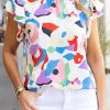 Multicolor Abstract Print Ruffle Sleeve Smocked Blouse