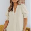 Apricot Solid Color Half Sleeve V Neck Blouse