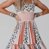 Orange Leopard Color Block Sleeveless Smocked Fit Flare Dress