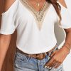 Elegant White Contrast Guipure Lace Cold Shoulder Tee