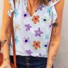 White Flower Print Notch V-Neck Flutter Sleeveless Tank