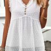 White Swiss Dot Button Frilled V Neck Sleeveless Top