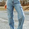 Sky Blue Cool Cargo Style Wide Leg Jeans - Flap Pocket High Waist Cargo Jeans