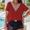 Red Lace Trim V Neck Short Sleeve Blouse