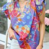 Blue Split V Neck Flutter Floral Top