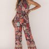 Purple Floral Print Frill Halterneck Wide Leg Jumpsuit