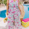 Rose Tropical Floral Spaghetti Straps Belted Plus Size Jumpsuit