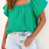 Green Wide Short Sleeve Smocked Back Babydoll Blouse