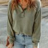 Green Button Split Neck Retro Patchwork Long Sleeve Top