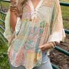 Multicolor Paisley Print Bell Sleeve Lace V-Neck Button Sheer Blouse