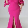 Rose Bow Tie Puff Sleeve Plus Size High Slit Maxi Dress