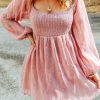 Pink Swiss Dot Smocked Puff Sleeve Mini Dress