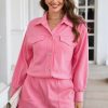 Pink Ribbed Knit Button Top And Shorts Set