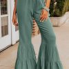 Green Textured High Waist Ruffled Bell Bottom Pants