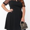 Sexy And Alluring Black Plus Size Collared Mesh Yoke Fit Flare Dress