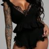 Black Lace Trim Back Knot Teddy Lingerie