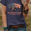 Women's Blue American Flag Ox Graphic Print Short Sleeve T-Shirt - Casual Summer Style