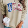 Khaki USA Flag Graphic Print Crew Neck Pullover Sweatshirt