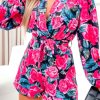 Rose Deep V Neck Long Sleeve Floral Romper