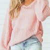 Pink Loose Pointelle Knit Ribbed V Neck Sweater