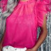 Rose Sheer Ruffle Tulle Flutter Sleeve Blouse