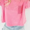 Pink Acid Wash Lace Patch Pocket T-Shirt