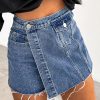 Sky Blue Button Wrap Over Raw Hem Denim Shorts