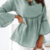 Green Crinkle Lace Up Round Neck Bell Sleeve Blouse