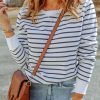 DLChic Striped Print Ribbed Trim Long Sleeve Top For Women - Comfortable And Flattering Fit