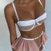 White Half Mesh Cups Tulle Ruffle Garter 3pcs Lingerie Set