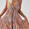 Brown Paisley Print Sleeveless V-Neck Tassel Tie Ruffle Dress