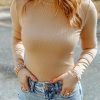 Khaki Ribbed Knit High Neck Long Sleeve Top