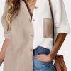 Khaki Colorblock Buttons Shirt-Collar Long Sleeve Pocket Blouse