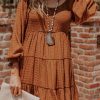 Brown Bishop Sleeve Smocked Tiered Mini Dress