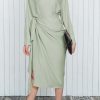 Green Satin Wrap Tie Side Boat Neck Long Sleeve Dress