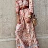 Pink Bohemian Floral Maxi Dress With Sexy V Neck And Ruffle Detail