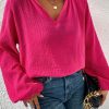 Women's Rose Crinkle Split Neck Puff Sleeve Blouse