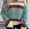 Sky Blue Striped Pattern Knit V Neck Sweater