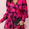 Rose Floral Print V Neck Wrap Bishop Sleeve Ruffle Tiered Mini Dress