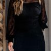 Black Dotted Mesh Striped Frilled Neck Bubble Sleeve Dress