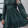 Green Ruched Square Neck Puff Sleeve Mini Dress