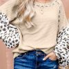 Apricot Leopard Print Patchwork Lantern Sleeve Waffle Knit Top