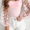 Elegant Pink Butterfly Tulle Sleeve Square Neck Bodysuit