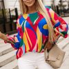 Multicolor Abstract Print Smocked Puff Sleeve Blouse