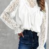 White Mock Neck Lace Splicing Long Sleeve Blouse