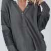 Women's Gray Contrast Patched Exposed Seam Waffle Knit Henley Top