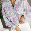 Elegant Purple Floral Printed Ruffle Lapel V Neck Shirt