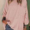 Pink Ribbed Roll-tab Sleeve Chest Pocket Oversize Top